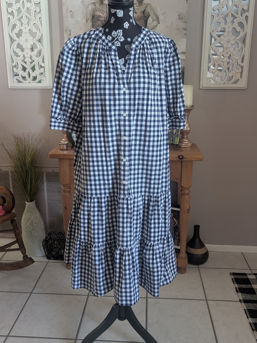 Draper James Gingham Tiered Button-Front Dress - Navy & White